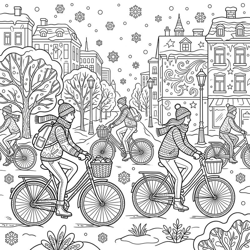 Ride through a picturesque winter city alongside determined urban cyclists in this charming coloring page. Bring the frosty charm of a snowy urban landscape to life with your favorite colors.