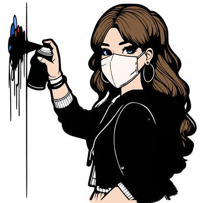 realistic girl with mask spray painting a wall