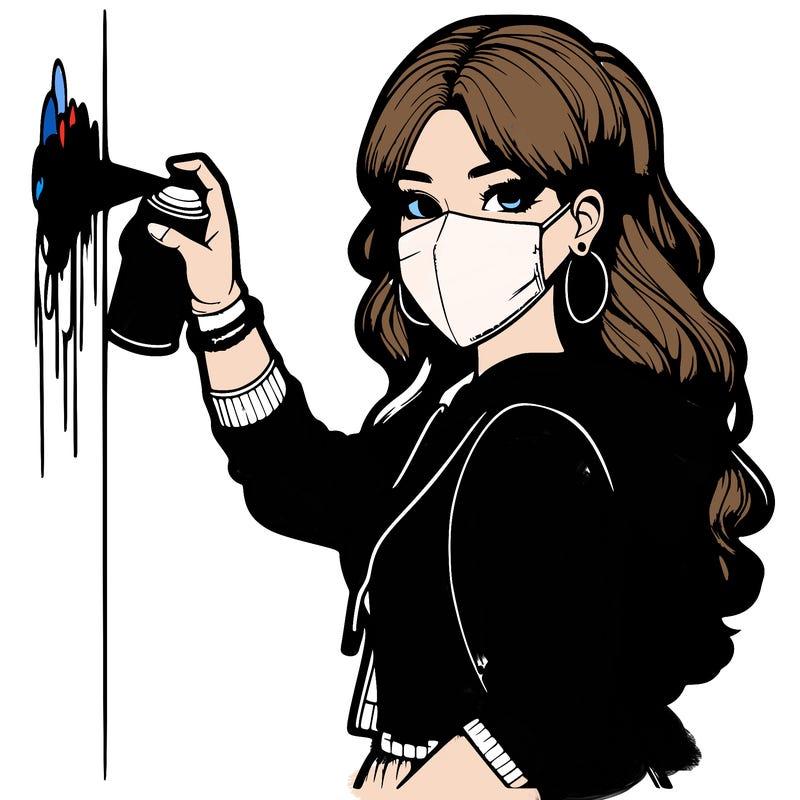 realistic girl with mask spray painting a wall