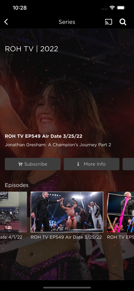 Ring of Honor - Interface of the Ring of Honor app displaying a list of ROH TV episodes and series content