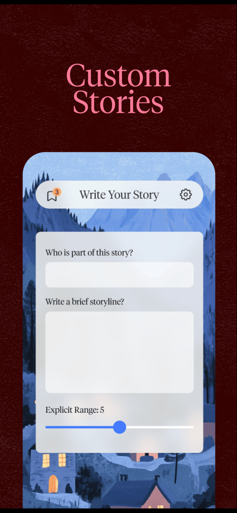 FanFiction AI - Spicy Stories - Interfaz para crear historias personalizadas en la aplicación FanFiction AI con entradas para personajes y trama, y un control deslizante de rango explícito