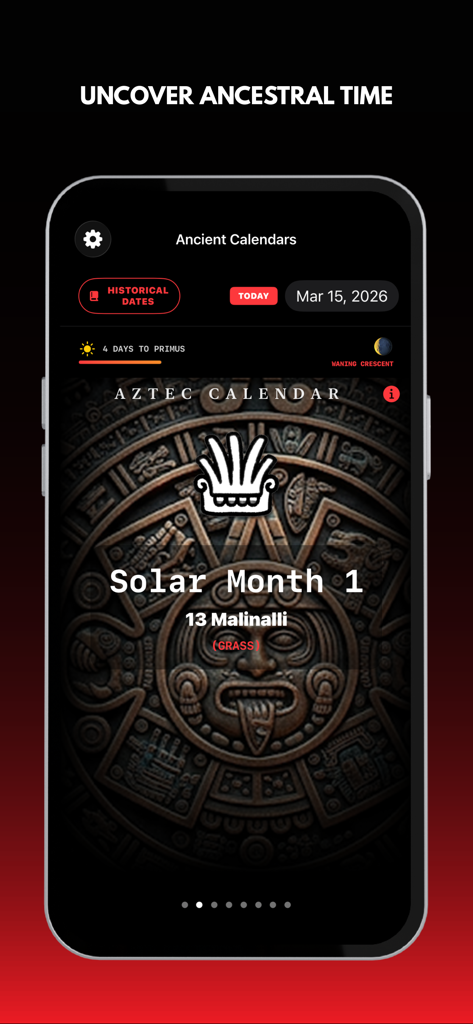 Ancient Calendars - Pantalla de la aplicación móvil Calendarios Antiguos mostrando la interfaz del mes solar azteca con una estética de artefacto de piedra.