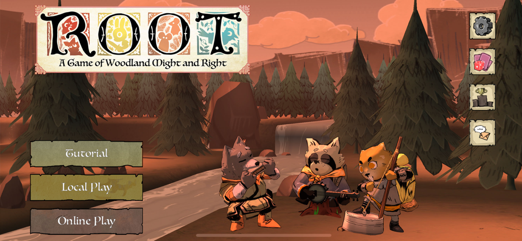 Root Board Game - Écran d'accueil du jeu de société Root montrant des personnages animaux jouant de la musique près d'une rivière avec des options de tutoriel et de jeu