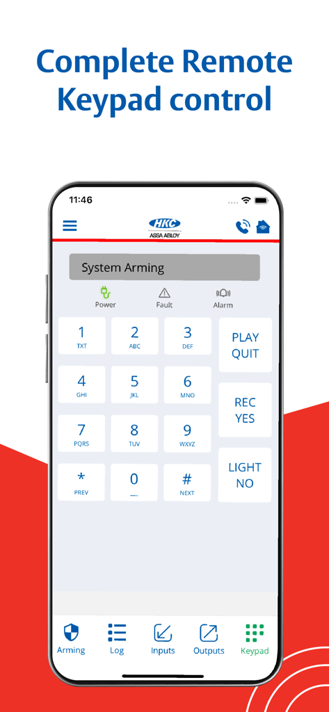 HKC SecureComm 2 - HKC SecureComm 2 app interface showing a virtual alarm system keypad for remote control
