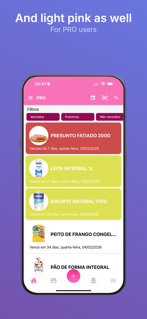 Smart Expiry Tracker - Smart Expiry Tracker PRO interface in pink showing a list of tracked food items and their expiration status.
