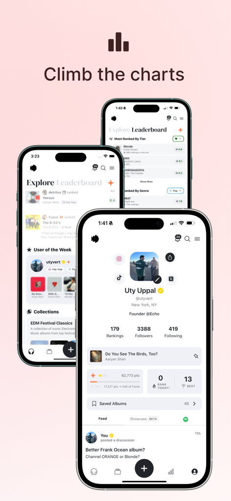 Echo - Rank music! - Three iPhone screens displaying the Echo app's music ranking leaderboard and user profiles