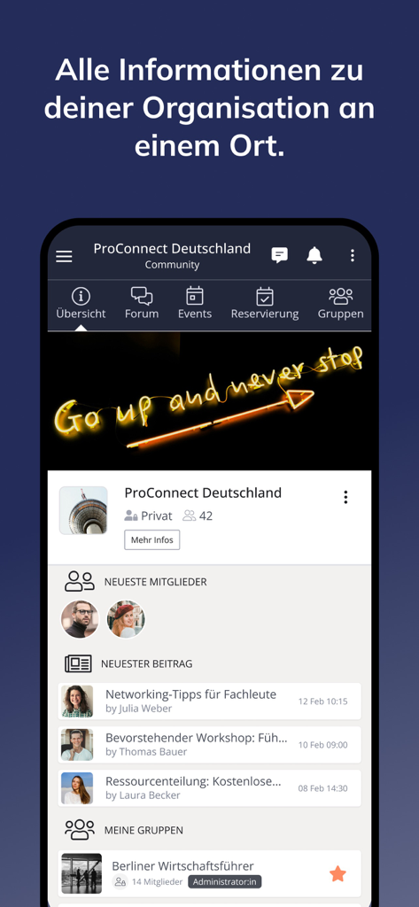 beUnity Mobile App-Bildschirm, der ein Community-Dashboard mit einem Newsfeed, den neuesten Mitgliedern und der Gruppenavigation anzeigt