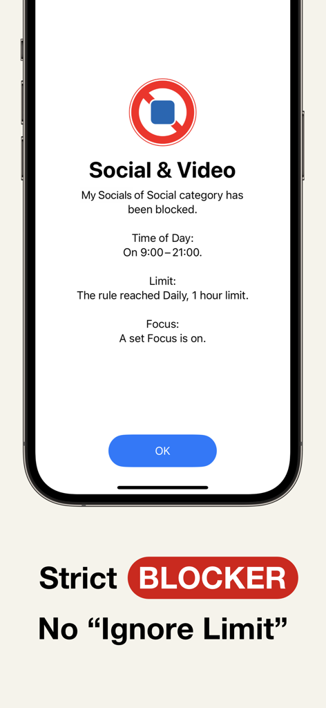Tela de bloqueio rigorosa do AppStops para aplicativos sociais e de vídeo sem botão de ignorar limite