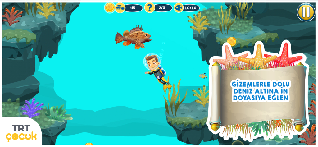 TRT Su Altı Kaşifi - A young boy scuba diving in an underwater ocean scene with a large fish