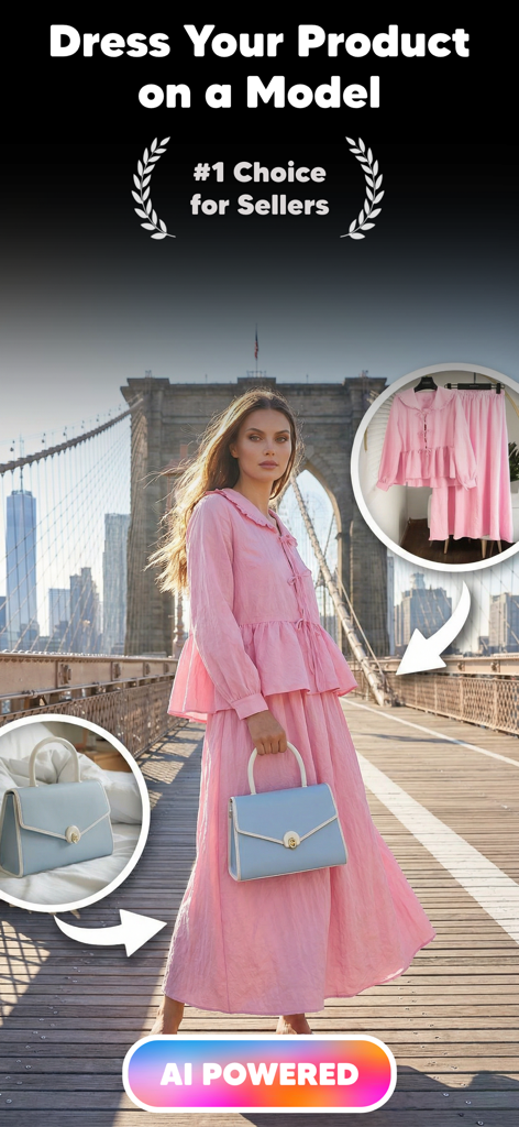 AI Fashion Model Maker: Diress - Fashion model generated by AI wearing a pink dress on the Brooklyn Bridge