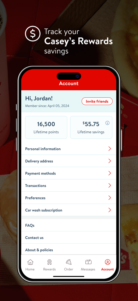 The account section of the Caseys app showing loyalty points and total savings.