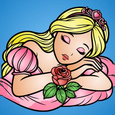 a fairytale princess sleeping with her hands crossed on her chest and a rose on her chest realistic
