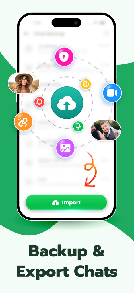 Whats Web – Dual App Messenger - Interface do recurso de backup e exportação de chats mostrando um ícone de upload na nuvem e vários ícones de mídia orbitando-o