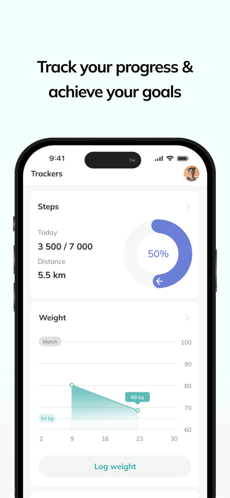 no.Diet - Interface de l'application no.Diet montrant des tableaux de bord de suivi des pas et du poids