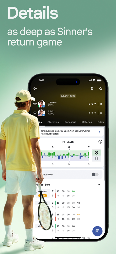 Sofascore app displaying detailed tennis statistics and live match scores
