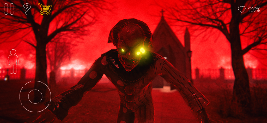 Death Park 2: Scary Clown Game - Un monstruo payaso aterrador con ojos amarillos brillantes en un cementerio iluminado de rojo frente a una iglesia