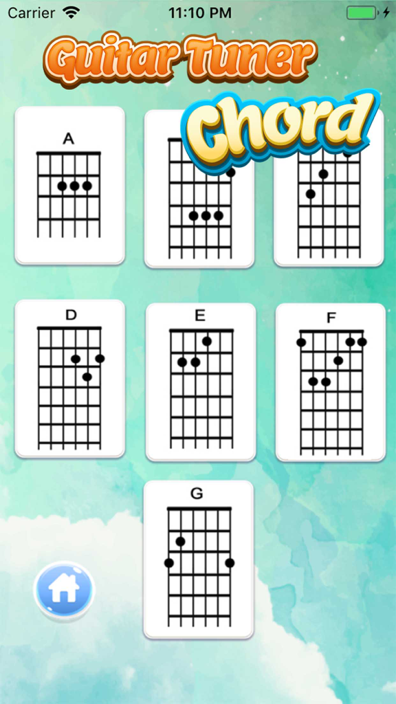 Perfect Guitar Tuner & Chords - Una visualización de diagramas básicos de acordes de guitarra para estudiantes principiantes.