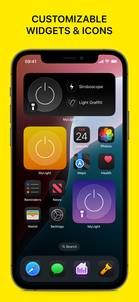 iPhone home screen showing various customizable MyLight flashlight widgets and app icons.