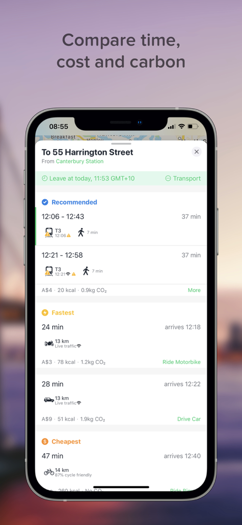 TripGo - TripGo app screen comparing multimodal transport routes by time cost and carbon footprint