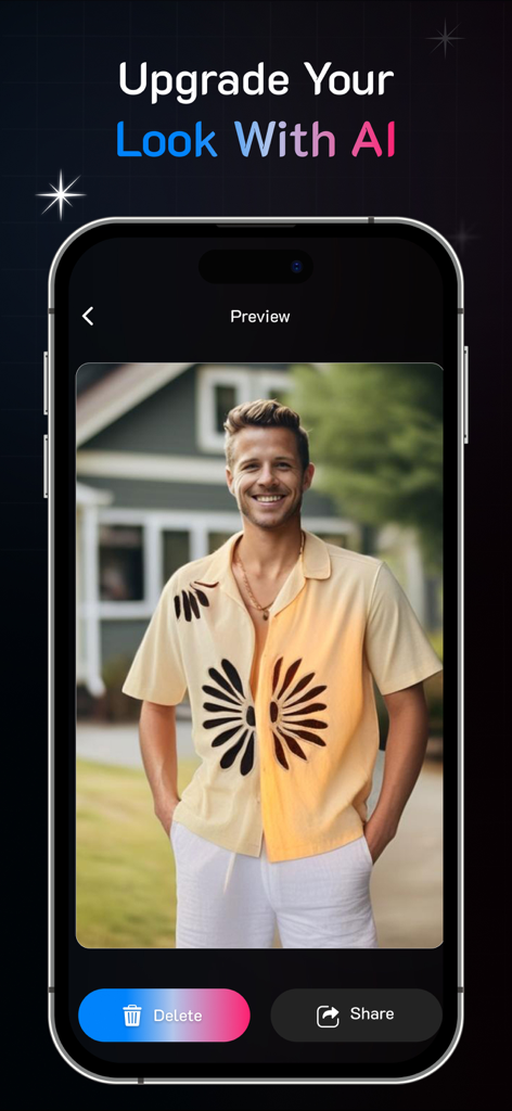 Clothes Changer: Try On Outfit - Interfaz de la aplicación móvil que muestra un atuendo generado por IA para un hombre.