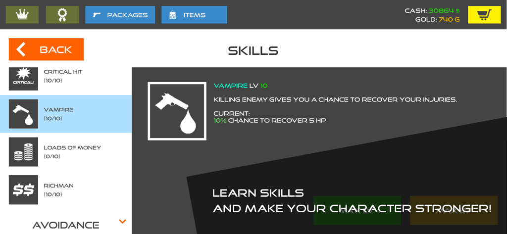 Stick Warfare Blood Strike skills menu screen showing the Vampire perk upgrade