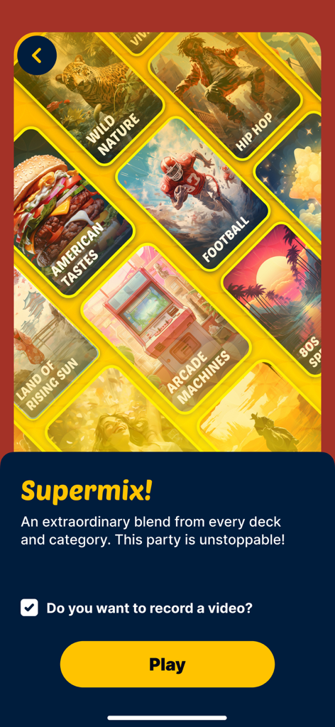 Headbands: Charades for Adults - Headbands-Spielbildschirm, der den Supermix-Modus mit verschiedenen thematischen Kartendecks und einer Play-Schaltfläche anzeigt