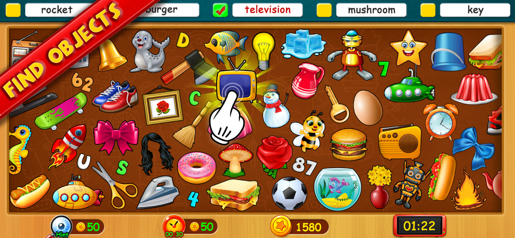 Messy House Cleaning Games - Uma tela colorida do minijogo Encontre Objetos mostrando uma variedade de itens escondidos para procurar.