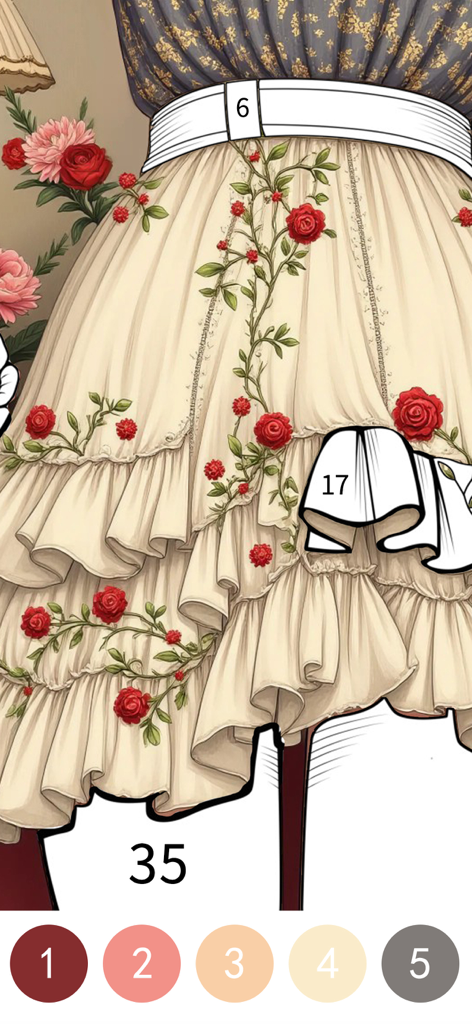 Página digital de colorir por número de um vestido creme com babados e rosas vermelhas