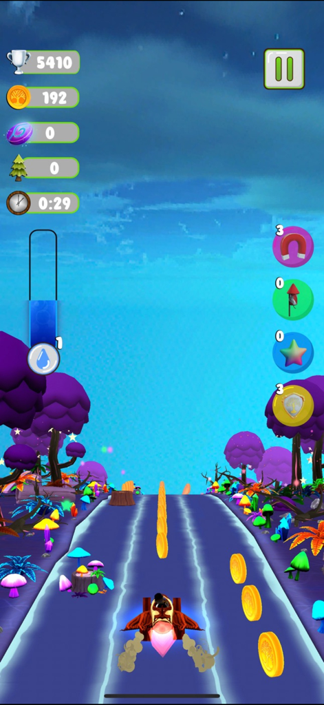 Speed For Trees - A car driving through a colorful forest collecting coins in the Speed For Trees app.
