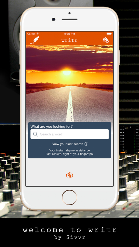 Writr - Writr app home screen featuring a word search bar for instant rhyme assistance and songwriting tools over a sunset background.