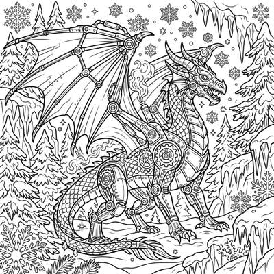 Dive into a fantastical world where mechanical marvels meet frosty landscapes with this captivating steampunk dragon coloring page. Experience the thrill of bringing gears, scales, and snowflakes to life with your favorite colors.