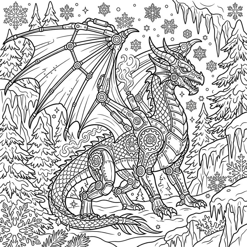 Dive into a fantastical world where mechanical marvels meet frosty landscapes with this captivating steampunk dragon coloring page. Experience the thrill of bringing gears, scales, and snowflakes to life with your favorite colors.