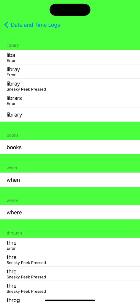 Spelling Hangman - Spelling Hangman app screen showing a detailed log of spelling word attempts including errors and hints used