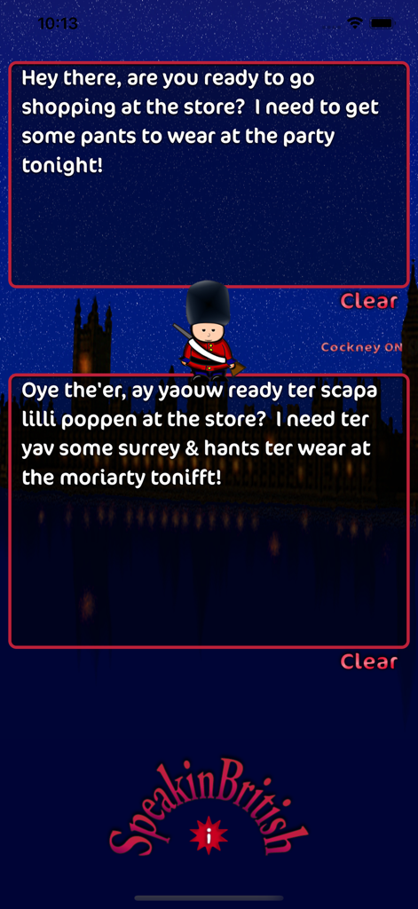 Speakin British - Interface of the Speakin British app showing a message translated from standard English into Cockney slang.