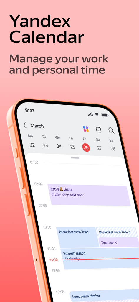 Yandex Calendar - 仕事とプライベートのイベントの日次スケジュールを表示するYandex Calendarアプリのインターフェイスを示すスマートフォン