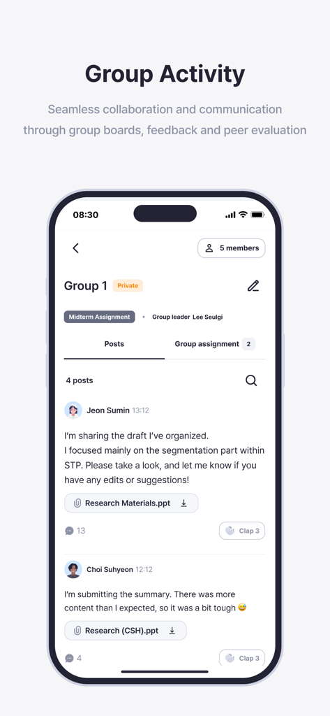 学生のコラボレーションのためのプライベートグループアクティビティボードを示すCLASSUMアプリのモバイル画面