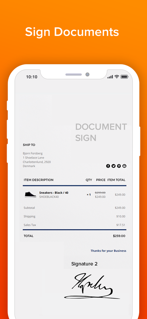 Signature Maker & Esign Now - Smartphone-Bildschirm, der eine digitale Signatur auf einem Geschäftsdokument in der Signature Maker App zeigt.