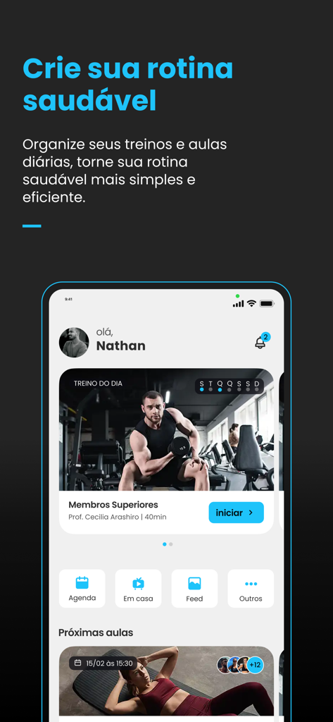 Live Academia Oficial - Live Academia app dashboard showing a daily workout routine and upcoming fitness classes