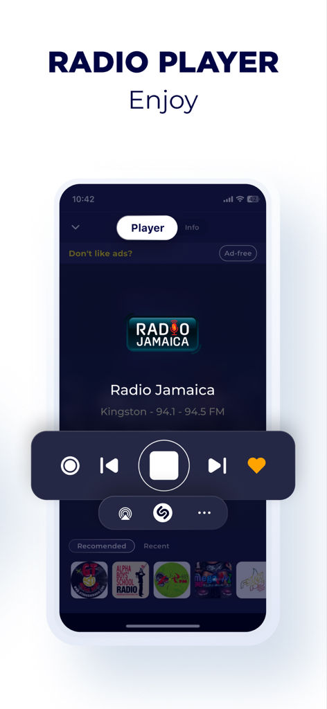 Jamaica Radio Live app interface showing the radio player with playback controls for Radio Jamaica