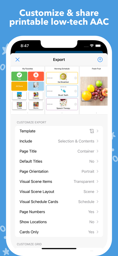 Interfaz de la aplicación Mighty AAC que muestra opciones de exportación para crear tableros de comunicación y horarios visuales imprimibles