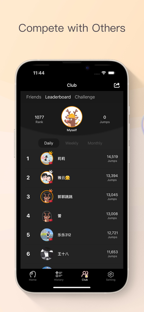 A smartphone screen displaying the YaoYao app daily leaderboard with user rankings and jump counts