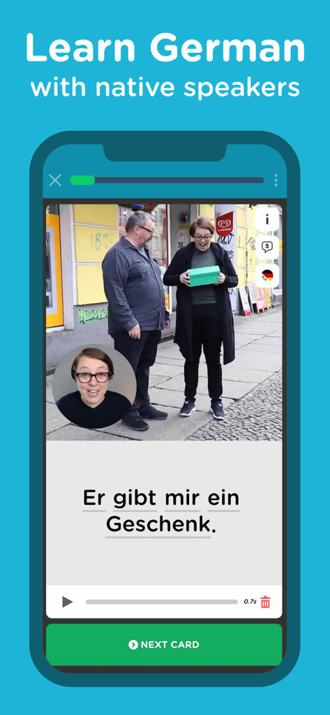 A mobile app screen for Learn German with Seedlang showing a video lesson with native speakers and interactive German text.