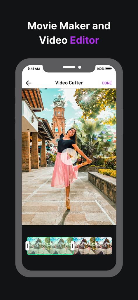 Movie Maker & Video Editor - Una captura de pantalla de la herramienta de corte de video dentro de la aplicación Movie Maker y Video Editor