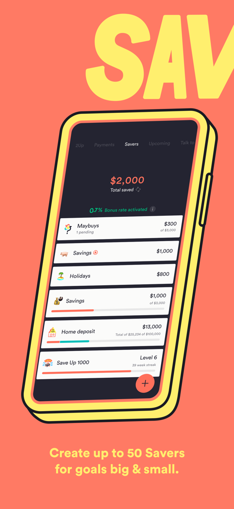 Interface of the Up app showing various personalized saving goals called Savers with progress bars for holidays and home deposits