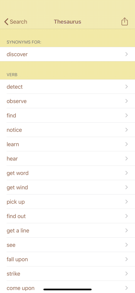 discover라는 단어에 대한 여러 동의어를 표시하는 Synonyms Quiz 앱의 시소러스 인터페이스입니다.