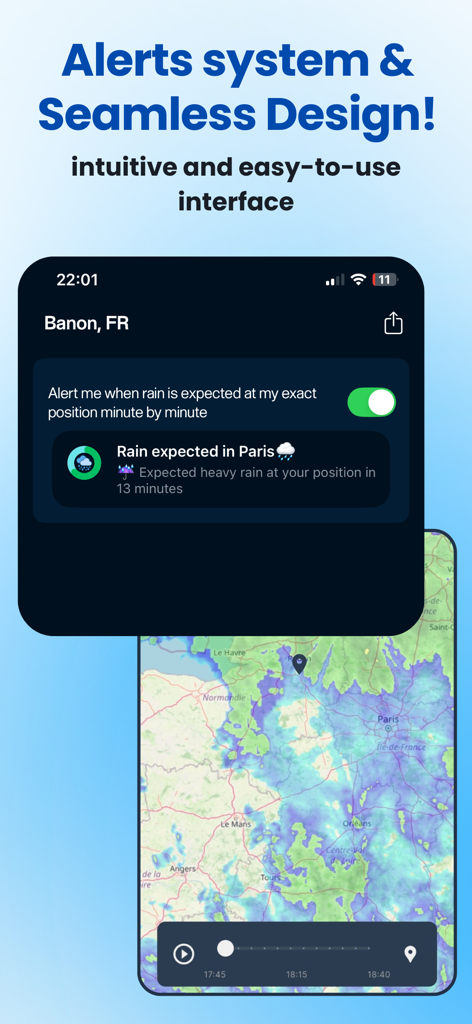Rain Now app screen showing a rain alert notification and weather radar map