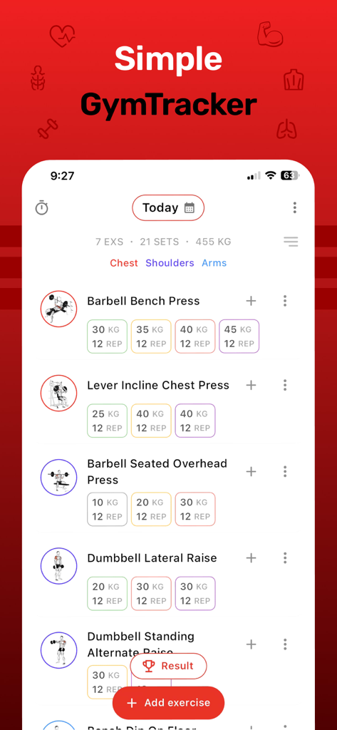 Gym Tracker - Workout Log Pro - Interface of Gym Tracker app showing a daily workout log with weight and rep tracking for various exercises.