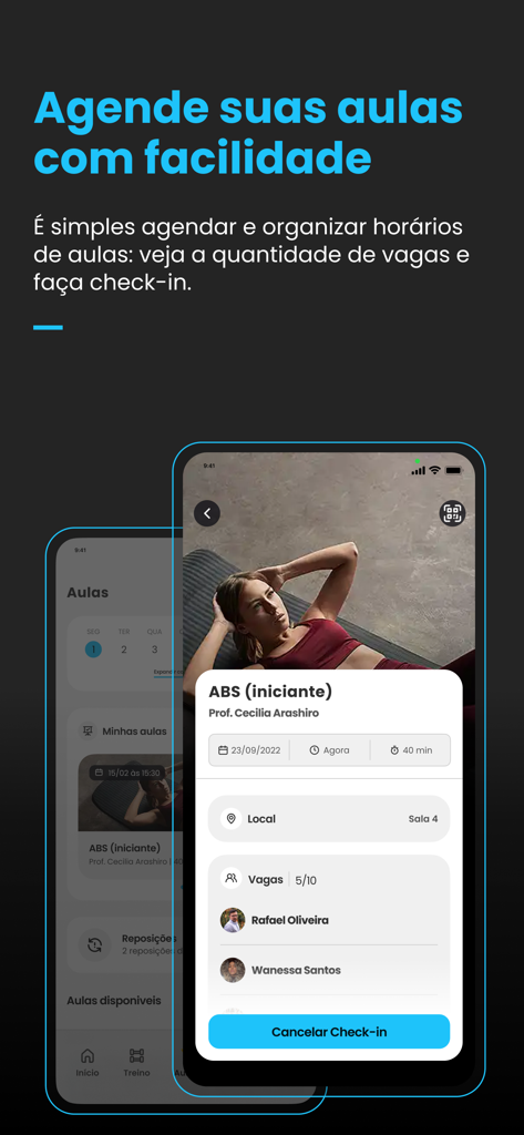 Live Academia Oficial - Interface of the Live Academia app displaying fitness class details and a check-in feature.