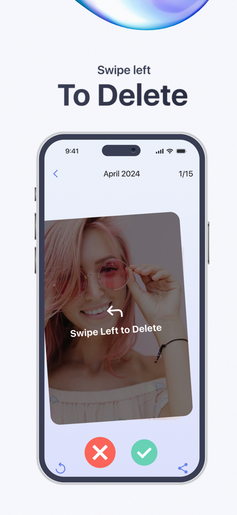 Pure Cleanup app interface showing the swipe left to delete feature for quick photo library management.