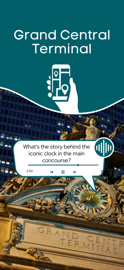 Grand Central Terminal audio tour interface showing the iconic clock and historical facts